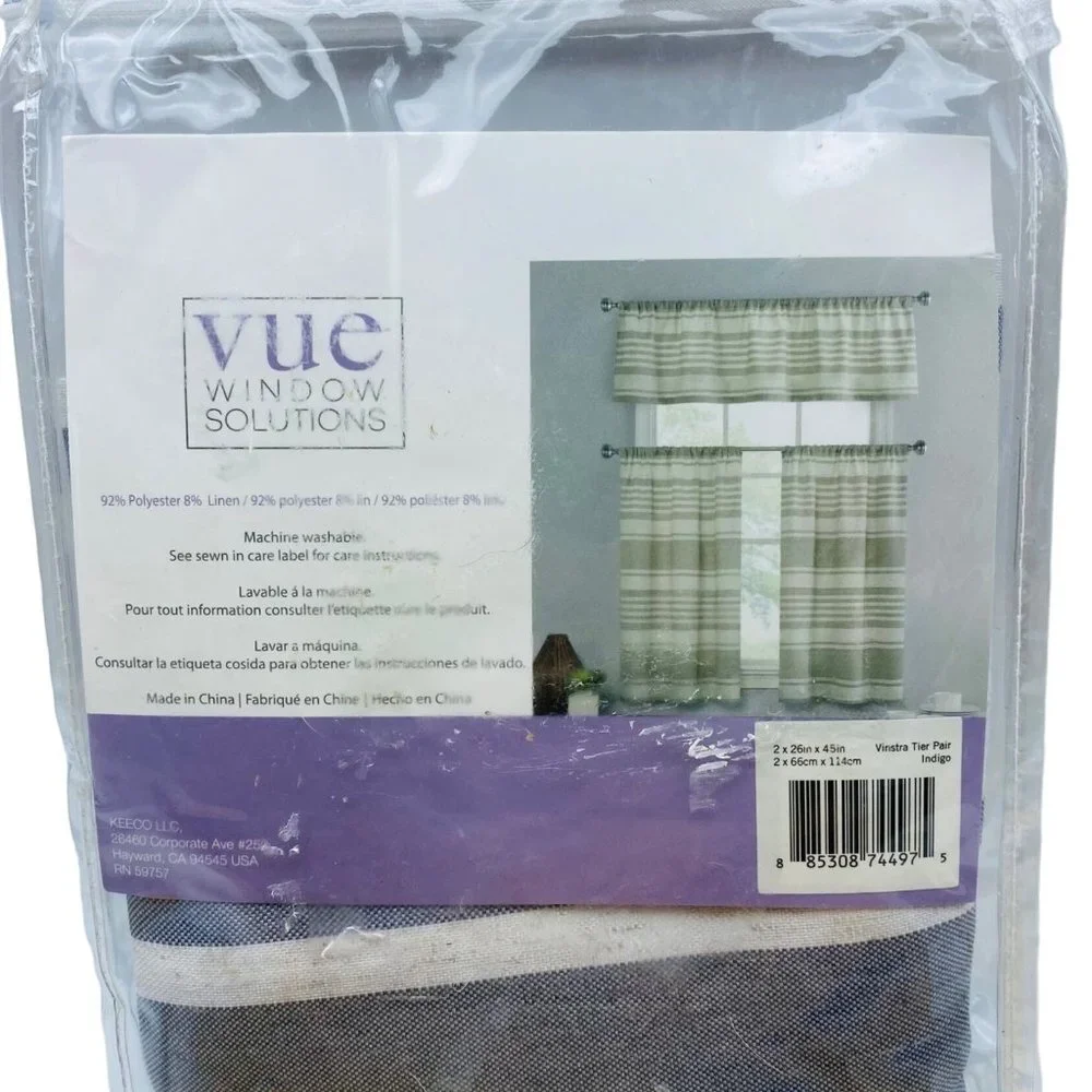 Vue Window Solutions Vinstra Tier Pair in Indigo Curtains 2”x26”x45” Linen Blend